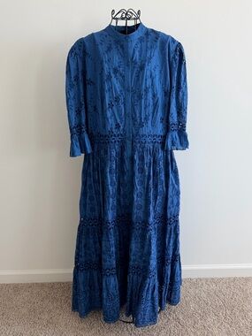 Embroidered Cobalt Blue Maxi Dress with Button Front